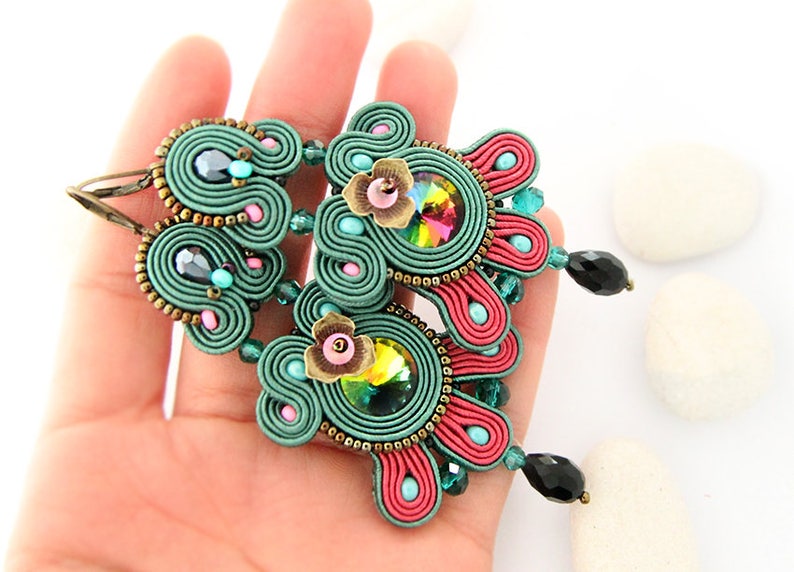 green statement earrings bohemian colorful earrings large dangle soutache earrings Emerald green chandelier earrings
