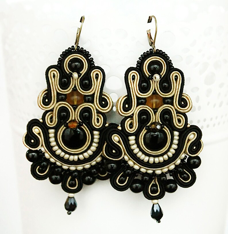 Long Black Soutache Earrings Dangle Large Hong Kong Long Black Soutache Earrings, Black And Gold Long Chandelier Earrings