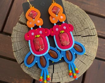 Orange, blue and hot pink soutache earrings, colorful statement earrings with pink jasper stones