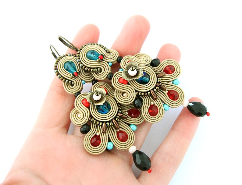 statement soutache earrings bohemian colorful dangle earrings large chandelier earrings Long brown soutache earrings