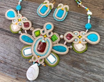 Colorful bohemian necklace, OOAK  bold necklace, soutache embroidery necklace, women gift, festival jewelry