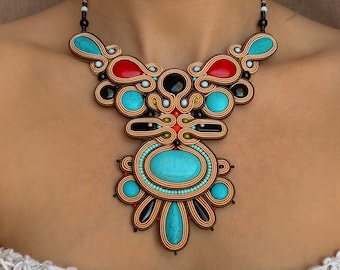 Bold necklace, OOAK jewelry, chunky colorful soutache necklace, embroidery necklace