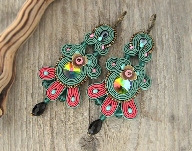 green statement earrings bohemian colorful earrings large dangle soutache earrings Emerald green chandelier earrings