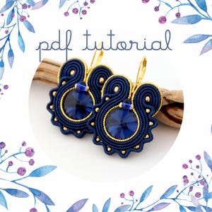 May include: A pair of blue and gold earrings with a round blue crystal in the center. The earrings are made with a technique called peyote stitch. The image includes the text "pdf tutorial".