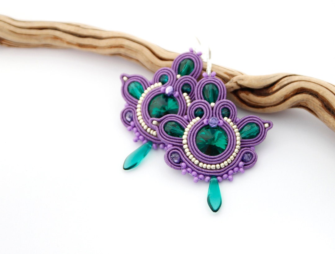 Purple and Green Earrings With Green Crystals, Violet and Green Earrings - Etsy