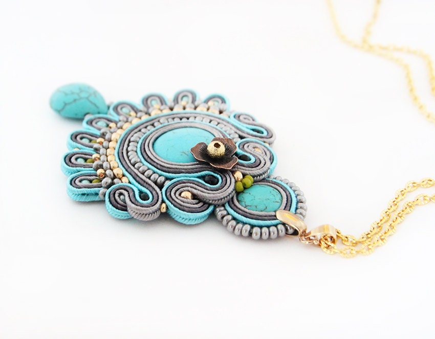 Turquoise boho pendant beaded turquoise necklace soutache | Etsy