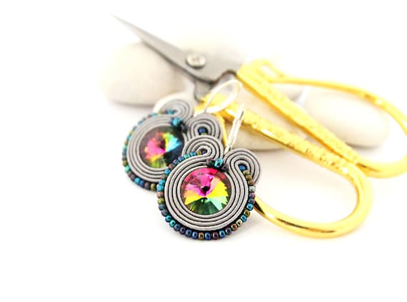 Rainbow earrings, grey round earrings, colorful drop earrings