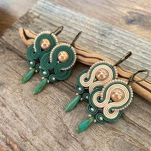 Emerald green beaded earrings, teal and beige soutache earrings