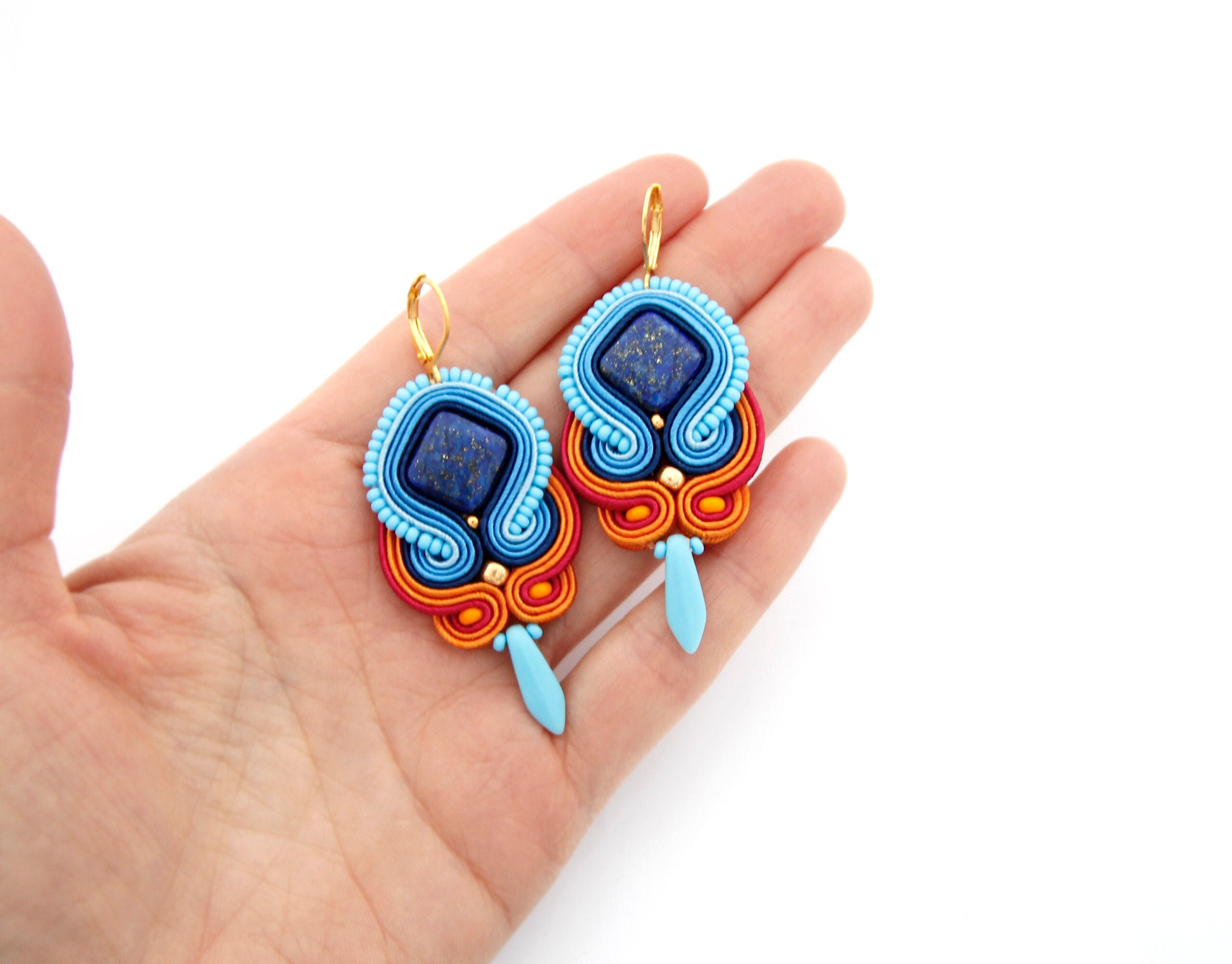 Blue and orange soutache earrings, blue drop earrings, orange earrings, contrast color earrings