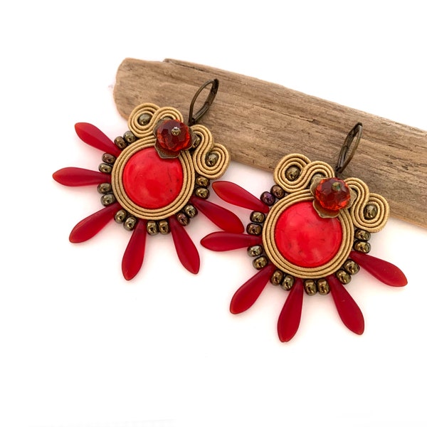 Red soutche drop earrings with spikes, red bohemian earrings, spiky earrings, soutache jewelry