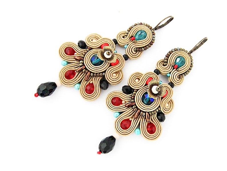 statement soutache earrings bohemian colorful dangle earrings large chandelier earrings Long brown soutache earrings