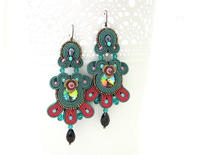 green statement earrings bohemian colorful earrings large dangle soutache earrings Emerald green chandelier earrings