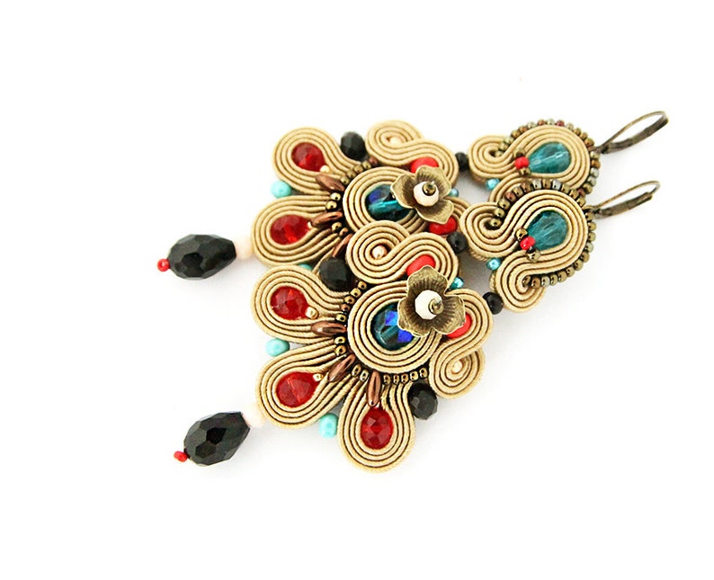 statement soutache earrings bohemian colorful dangle earrings large chandelier earrings Long brown soutache earrings