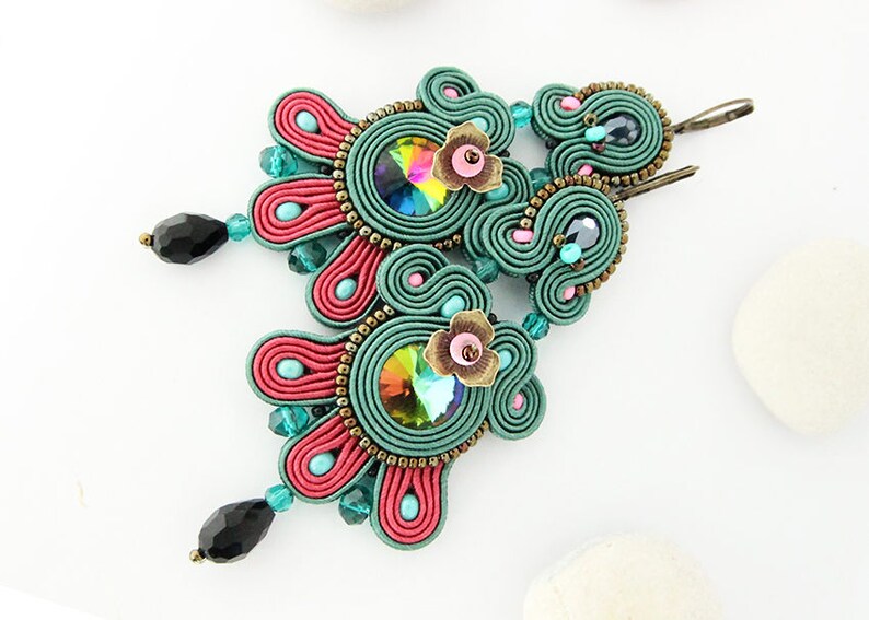 green statement earrings bohemian colorful earrings large dangle soutache earrings Emerald green chandelier earrings