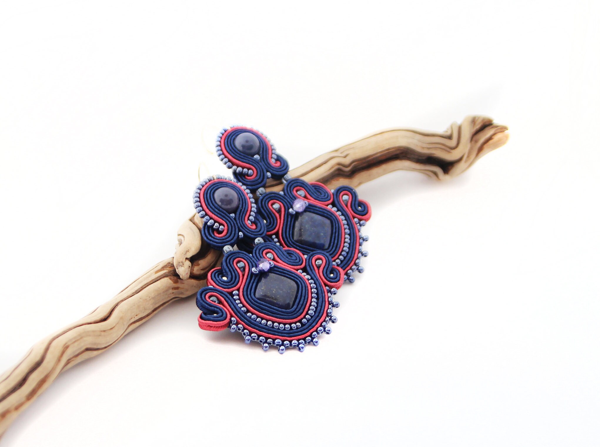 Navy blue and raspberry red earrings with natural stones blue | Etsy