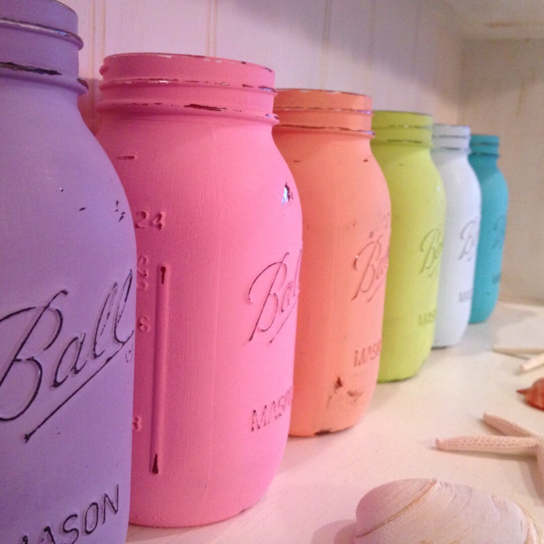Painted Shabby Chic Mason Jar, Large Painted Ball Jar, Wedding Vase