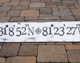 Latitude and Longitude Wood Sign, Nautical Coordinates Wood Sign, Handpainted Longitude and Latitude Sign, Nautical Handpainted Wood Sign