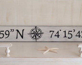 Latitude and Longitude Wood Sign, Nautical Coordinates Wood Sign, Handpainted Longitude and Latitude Sign, Nautical Handpainted Wood Sign