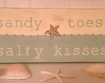 Sandy Toes Salty Kisses Wood Sign, Sandy Toes Salty Kisses Handpainted Sign, Beach Sign