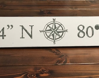 Latitude and Longitude Wood Sign, Nautical Coordinates Wood Sign, Handpainted Longitude and Latitude Sign, Nautical Handpainted Wood Sign