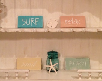 Beach Surf Sand Relax Signs, Beach Signs on pine wood, Distressed Beach Signs,  Set of 4