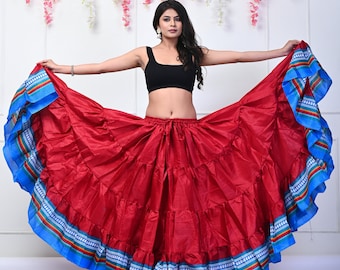Red Linen Silk 25 Yard Skirt: Jaipur Belly Dance Saree Skirt