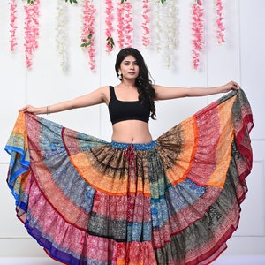 Jupe Longue Ethnique Femme Rajasthan - Imprimé Floral Doré Sur Fond Bleu - Taille XL En Coton - Neuf Avec étiquettes