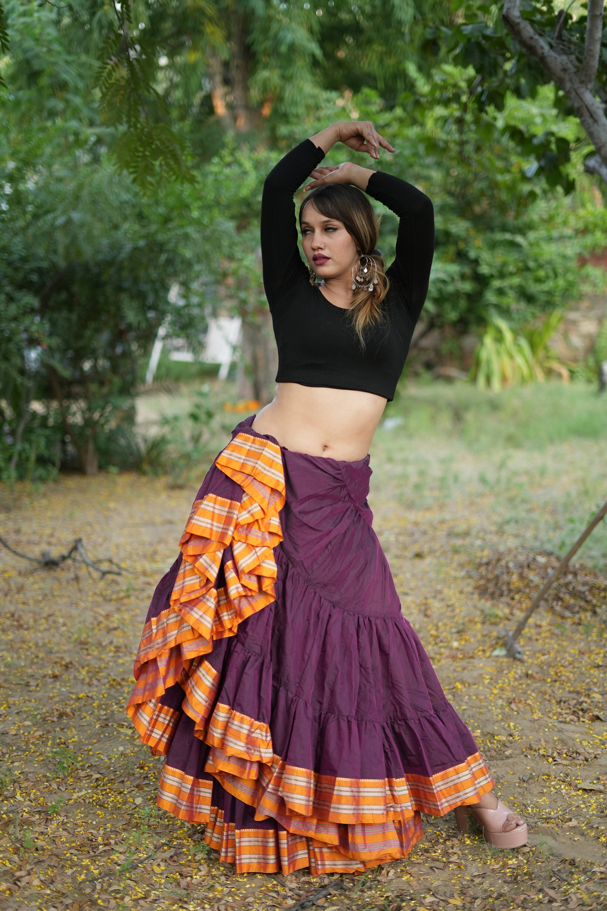 Purple Belly Dance Skirt: 25 Yard Jaipur Style With Saree Trim
