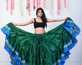 Green Linen 25 Yard Skirt: Jaipur Belly Dance Saree Skirt
