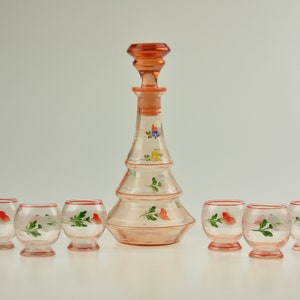 Czech Decanter Set with 6 Glasses, Liquour Set, Liquour Glass, Painted Glasses, Vintage Decanter Set, Glass Decanter Set, Antique Decanter