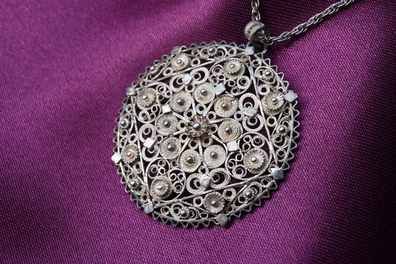 Antique Silver Filigree Pendant Necklace - 800/10… - image 4
