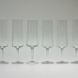 Set of 6 Champagne Flutes, Champagne Glasses, Engraved Glasses, Czech Glass, Art Glass, Vintage Glass, Engraved Glass, Hand Made