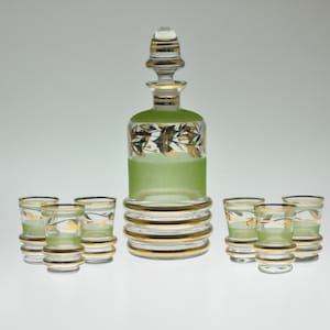 Mid Century Glassware, Mid Century Decanter, Mid Century Glass, Bohemian Glass, Decanter Set, Czech Decanter, Glass Decanter, Green Decanter
