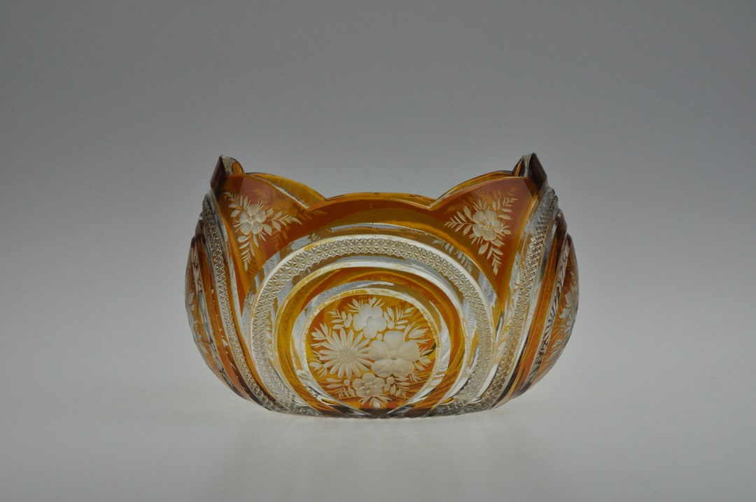 Vintage Amber Glass Bowl, Amber Cut Glass, Amber Cut to Clear Glass