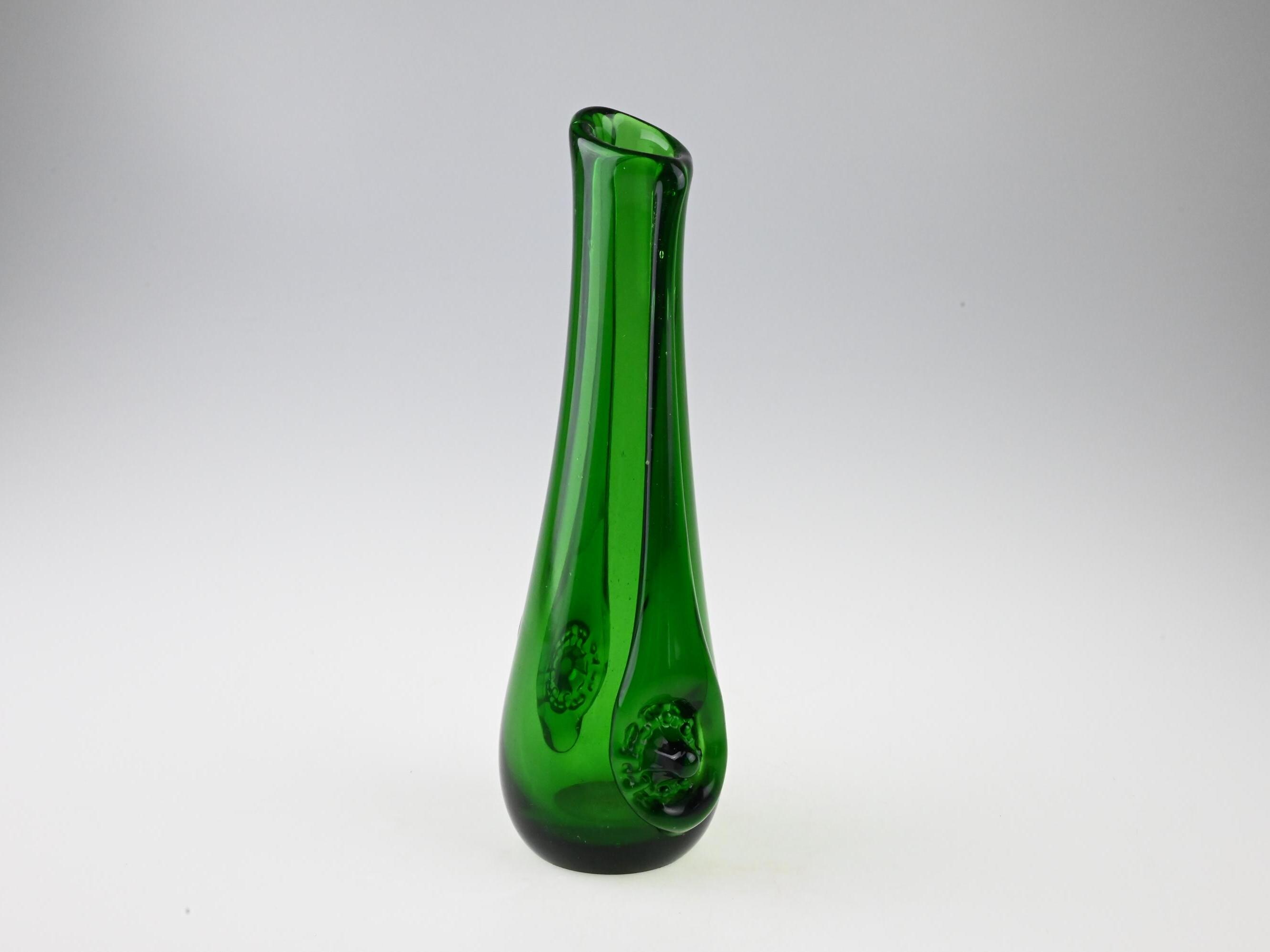 Vintage Green Glass Vase, Czechoslovakian Glass, Metallurgical
