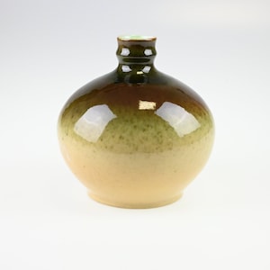 Può includere: Un vaso rotondo in ceramica con una smaltatura verde e marrone. Il vaso ha una base larga e un collo stretto.