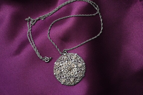 Antique Silver Filigree Pendant Necklace - 800/10… - image 5