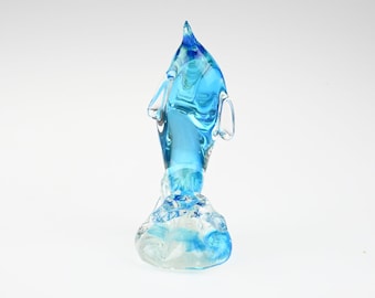 Handcrafted Glass Dolphin on Wave Decoration from the 1960s, Glass Dolphin, Handmade Glass, Vintage Handcrafted Decoration, Glass Sculpture