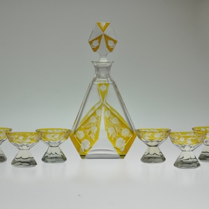Czech Decanter, Karl Palda, Amber Cut to Clear, Art Deco Decanter Set, Decanter Set, Bohemian Glass Decanter Set, Crystal Decanter