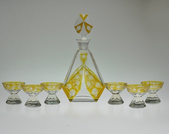 Tsjechische karaf, Karl Palda, amber gesneden om te wissen, art-deco karafset, karafset, bohoglazen karafset, kristallen karaf