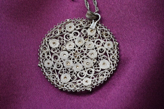 Antique Silver Filigree Pendant Necklace - 800/10… - image 6