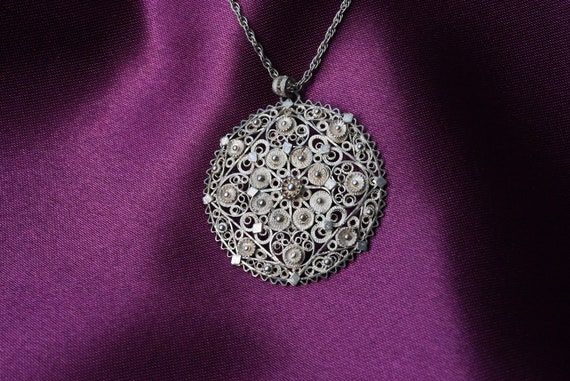 Antique Silver Filigree Pendant Necklace - 800/10… - image 2