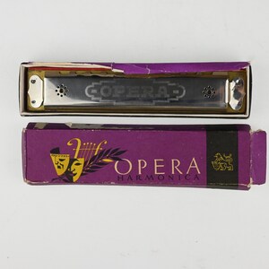 Vintage operamunspel med originalask, Antik munspel, Vintagemunspel, Metallmunspel, Opera, Tjeckoslovakiskt munspel