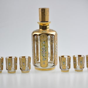 Czech Decanter, Decanter Set, Hand Painted Decanter, Gold Enameled Decanter Set, Glass Decanter Set, Glass Decanter, Antique Decanter Set