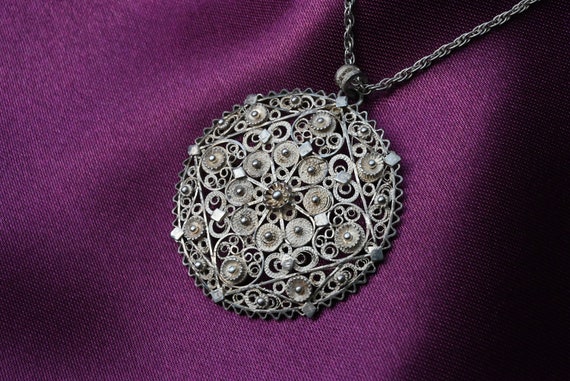 Antique Silver Filigree Pendant Necklace - 800/10… - image 1