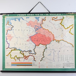 Mappa murale della storia cecoslovacca, grafico storico d'epoca, mappa scolastica d'epoca, mappa a discesa, mappa scolastica a discesa, poster storico