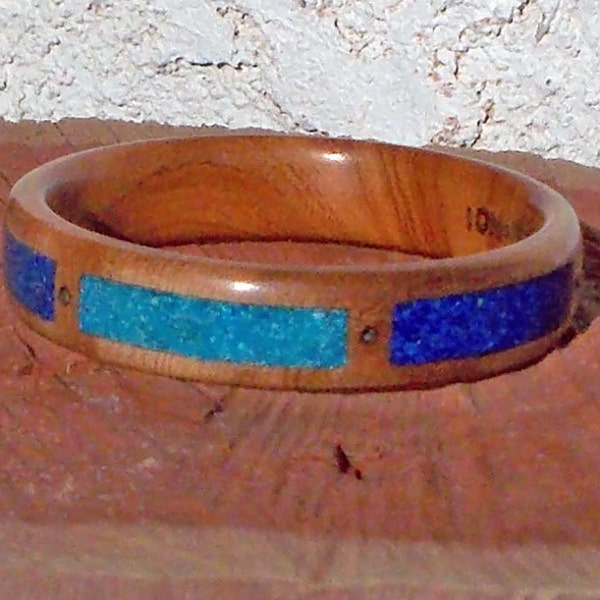 Recycled  tribal influenced Mesquite with lapis and turquoise inlay wood bangle bracelet.