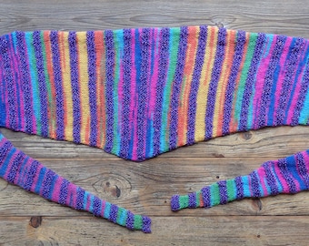 OOAK Pastel Rainbow triangular hand-knitted shawl - lightweight, soft, sparkly - 300 cm long