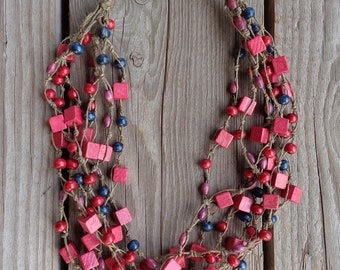 OOAK short linen necklace with wooden beads