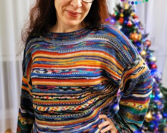 OOAK hand knitted pullover sweater in happy colors - ONE SIZE unisex S-L  75% wool / soft / lightweight / colorful  / oversized / boxy